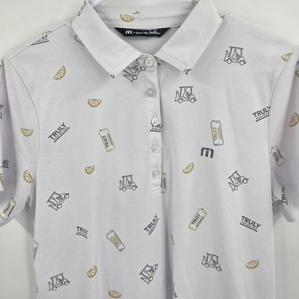 TRAVIS MATHEW TRULY HARD SELTZER GOLF POLO WOMENS LARGE WHITE AOP DRINK COLLAB - Picture 3 of 10